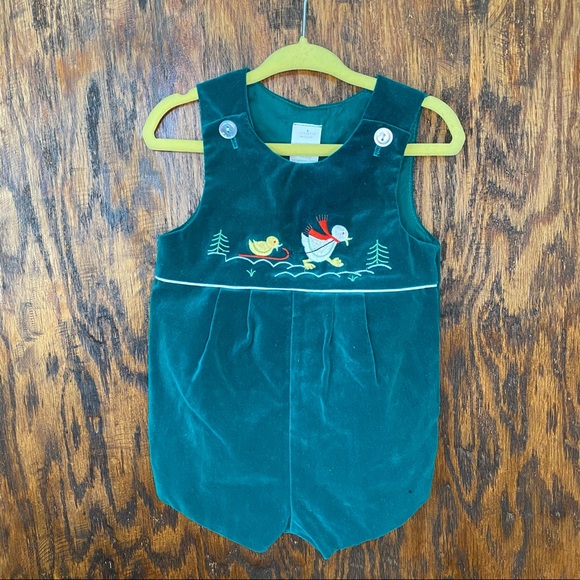 Hunter green vintage baby clothes romper jumper ducks velvet 6-9 months - Picture 1 of 4